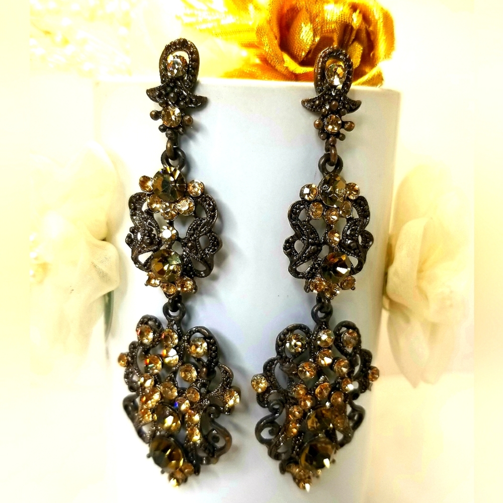 Intricate Black Hollow Out Light Catching Faceted Rhinestone Earrings